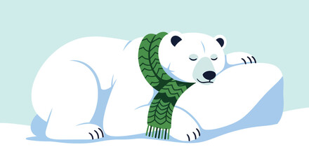 Polar bear sleeps soundly on snowy iceberg wearing green scarf in arctic environment, depicting peaceful winter scene.
