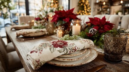 Christmas table setting with poinsettias candles and rustic decor for a festive celebration