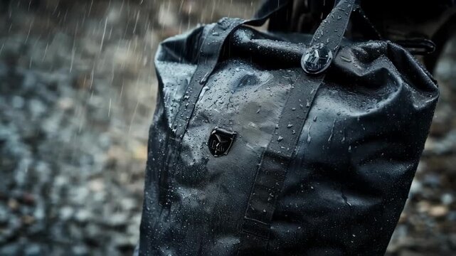 Medium shot of a waterproof laundry bag being easily carried outdoors showcasing its waterresistant texture and durability during wet conditions.