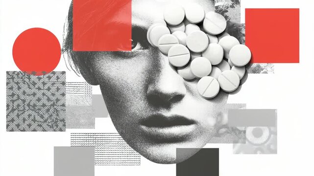 Video animation. Constructivist digital collage of a faceless woman surrounded by pills, geometric medical art with Bauhaus style and white background, surreal tone.