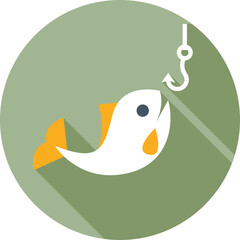Stylized Illustration of a White Fish with Orange Fins Being Hooked by a Fishing Hook Against a Muted Green Circular Background with Long Shadows
