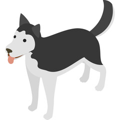 Stylized Isometric Illustration of a Black and White Husky Dog with Tongue Out and Tail Raised Against a Transparent Background
