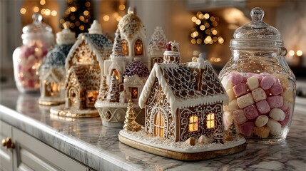 Festive Gingerbread Houses and Marshmallows Jar Christmas Holiday Decoration Display