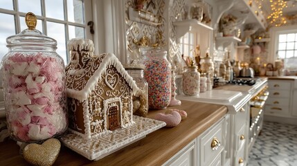 Gingerbread house and kitchen counter with decorations and sweets, Christmas concept