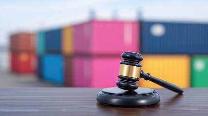 Judge gavel on desk with colorful cargo containers in background symbolizing trade and legal regulation.