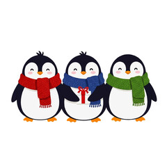 Fototapeta premium Three Cute Penguins in Winter Scarves with Gifts
