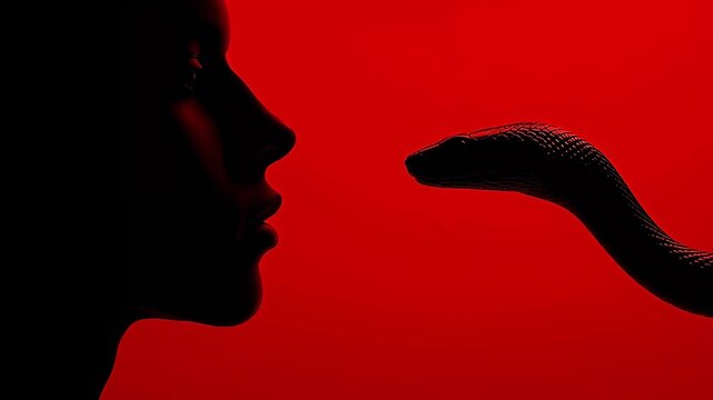 Cinematic surreal video of a silhouetted human facing a snake against a vivid red background in a moment of symbolic tension