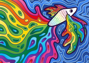 Betta fish illustration, colorful psychedelic digital drawing, wallpaper background artwork