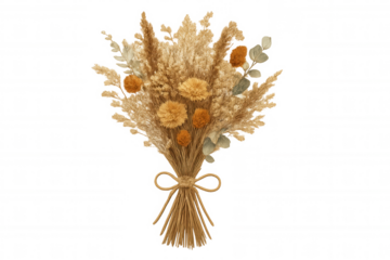 Dried floral bouquet creating natural boho rustic decoration with pampas grass and cord bow, transparent background