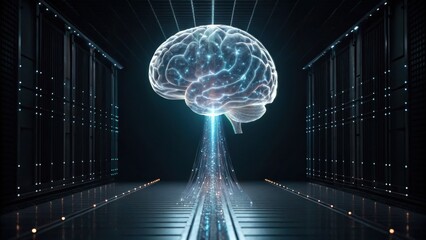 A digital representation of a brain emitting data streams, set in a futuristic corridor, symbolizing artificial intelligence and technology.