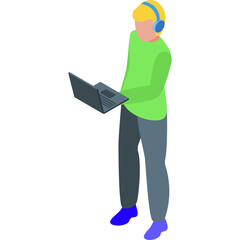 Isometric young man wearing headphones holding laptop computer in light green shirt dark gray pants and bright blue shoes with transparent background