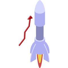 Light Blue and Gray Isometric Rocket Ship with Red Upward Arrow Graphic on Transparent White Background