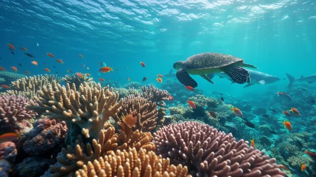 An underwater scene teeming with marine life, showcasing a graceful sea turtle swimming peacefully above a vibrant coral reef. In the background, a large shark glides through the clear blue water, add