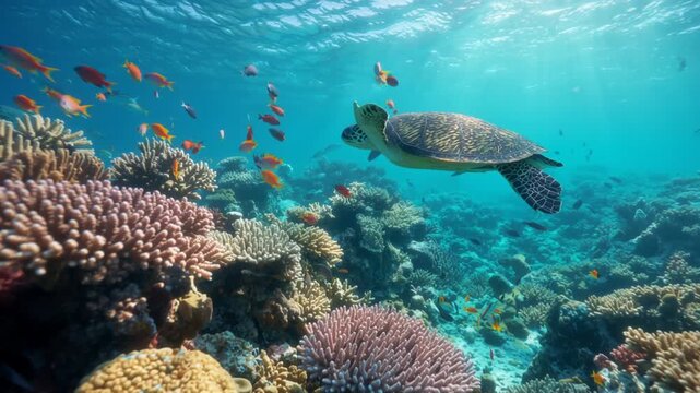 An underwater scene teeming with marine life, showcasing a graceful sea turtle swimming peacefully above a vibrant coral reef. In the background, a large shark glides through the clear blue water, add