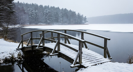 Wooden bridge covered in snow over a frozen lake winter