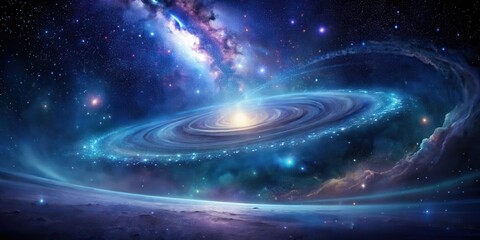 Fototapeta premium A breathtaking view of a vibrant spiral galaxy, swirling celestial dust, and a distant planet's serene surface, all bathed in the ethereal glow of countless stars.