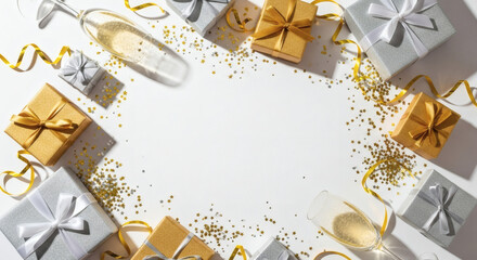Luxury Celebration Background Gold and Silver Gift Boxes Champagne Flutes and Confetti Copy Space