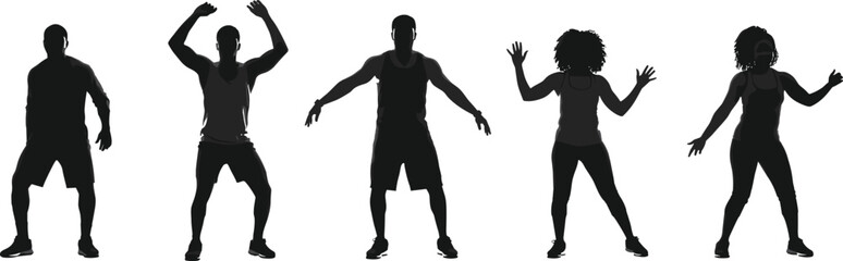 Silhouette people in fitness dance routine, group exercise poses, modern choreography, active lifestyle, workout training, health, energy, movement, rhythm, celebration, culture, art