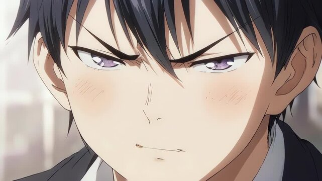 A sharp and modern-styled extreme close-up of an annoyed anime boy. His scowl and puffed cheek perfectly capture a moment of irritation or displeasure. Clean, bright lighting.