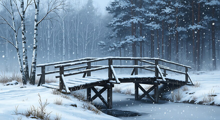 Wooden Bridge Over a Frozen Stream in a Snowy Forest