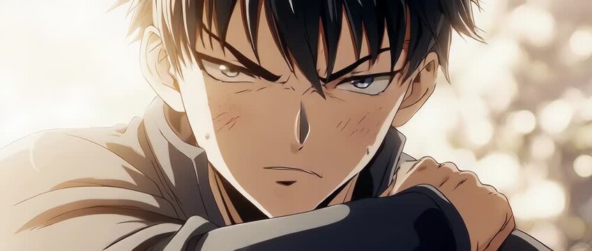 A sharp and modern-styled extreme close-up of an annoyed anime boy. His scowl and puffed cheek perfectly capture a moment of irritation or displeasure. Clean, bright lighting.