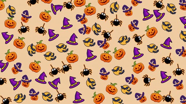 Halloween pattern with pumpkins, spiders, bats, and witch hats. Perfect for spooky themed designs, invitations, stationery, and wrapping paper.