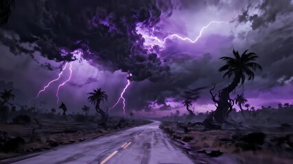 A desolate road with palm trees during a dramatic and intense purple lightning storm at night. - Powered by Adobe