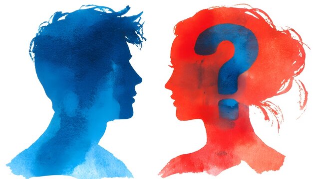 Diverse silhouettes face each other with abstract question marks.