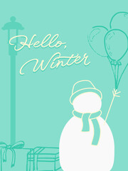 Minimalist winter illustration of snowman with balloons and presents. Soft mint palette and elegant typography add cheerful modern style. Great for posters, invitations, or holiday cards.