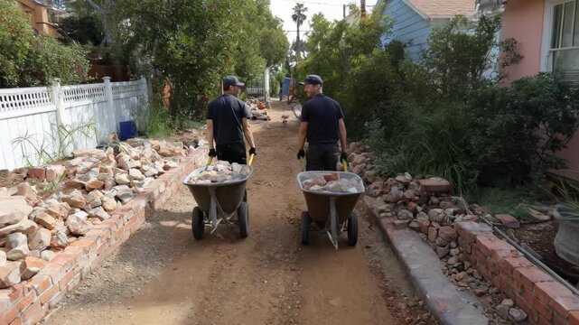 Laborers using wheelbarrows to transport assorted construction rubble away from a residential project showcasing the postconstruction cleanup efforts