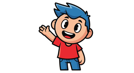 Fototapeta premium Vector cartoon boy with blue hair wearing a red shirt and blue jeans waving his hand cheerfully