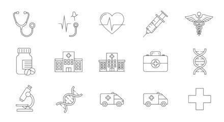 Fototapeta premium Vector illustration featuring medical icons including stethoscope, heart, syringe, and ambulance line art