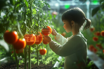 Girl picking ripe tomatoes from lush vegetable garden interface holographic digital data. Sustainable Agriculture For Organic Food Production 