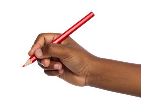 Hand holding red pencil writing drawing art education study on transparent background