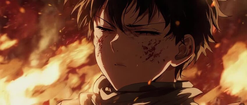 An epic close-up of a battle-worn anime warrior. The intense focus in his eyes, a cut on his cheek, and dynamic lighting from a nearby fire convey the heat and danger of combat.