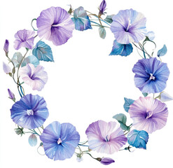 Watercolor, pastel purple and blue morning glory wreath frame clipart, isolated on a white background, with soft, muted colors.

