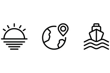 Adventure Travel Icon Set – Sunset, World Location, and Ship Travel