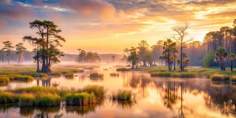 Fototapeta premium Serene Dawn over Misty Wetlands, Golden Sunrise Reflecting on Tranquil Water, Tall Trees Standing Tall in the Stillness
