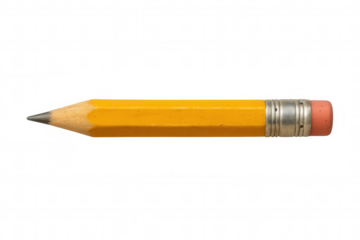 Yellow short pencil with eraser showing wood texture and graphite tip. School writing and drawing tool
