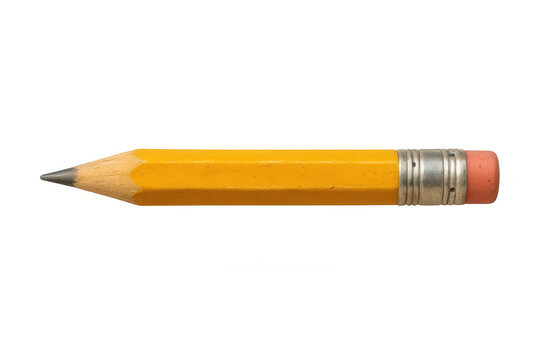 Yellow short pencil with eraser showing wood texture and graphite tip. School writing and drawing tool - Powered by Adobe