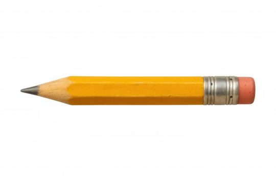 Yellow short pencil with eraser showing wood texture and graphite tip. School writing and drawing tool