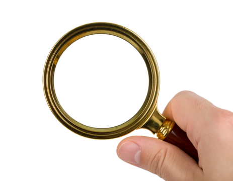 Magnifying glass search tool held in hand for investigation on transparent background - Powered by Adobe