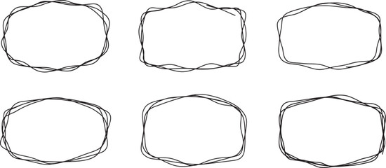 Set of hand-drawn abstract frames with overlapping wavy loops forming organic rounded and square shapes in minimalist black outline. 