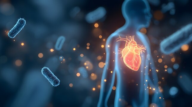 Glowing heart in human silhouette surrounded by microbes.