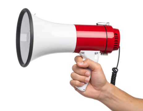 Megaphone announcement communication tool in hand isolated on transparent background