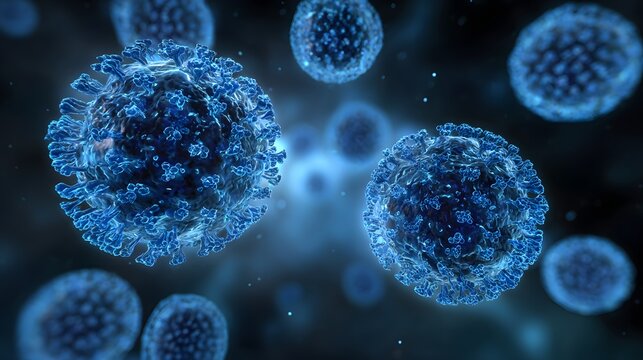 Microscopic blue spherical viruses with spike proteins float in dark space.
