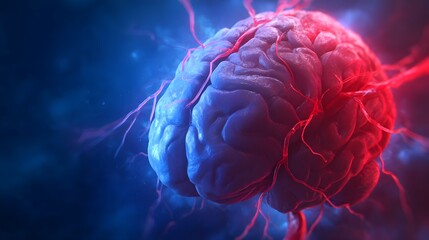 Obraz premium Vivid brain activity visualized with glowing red blood vessels against dark blue.