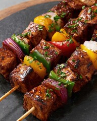 Macro View of BBQ Skewers with Colorful Vegetables and Spices
