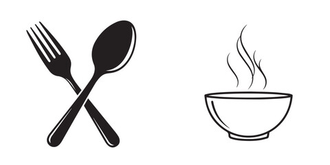 Minimalist Black Utensils and Steaming Soup Bowl Graphic Icons