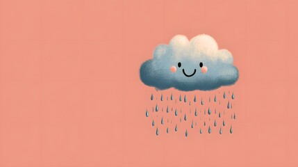 A happy cloud with rosy cheeks smiles and rains gently.